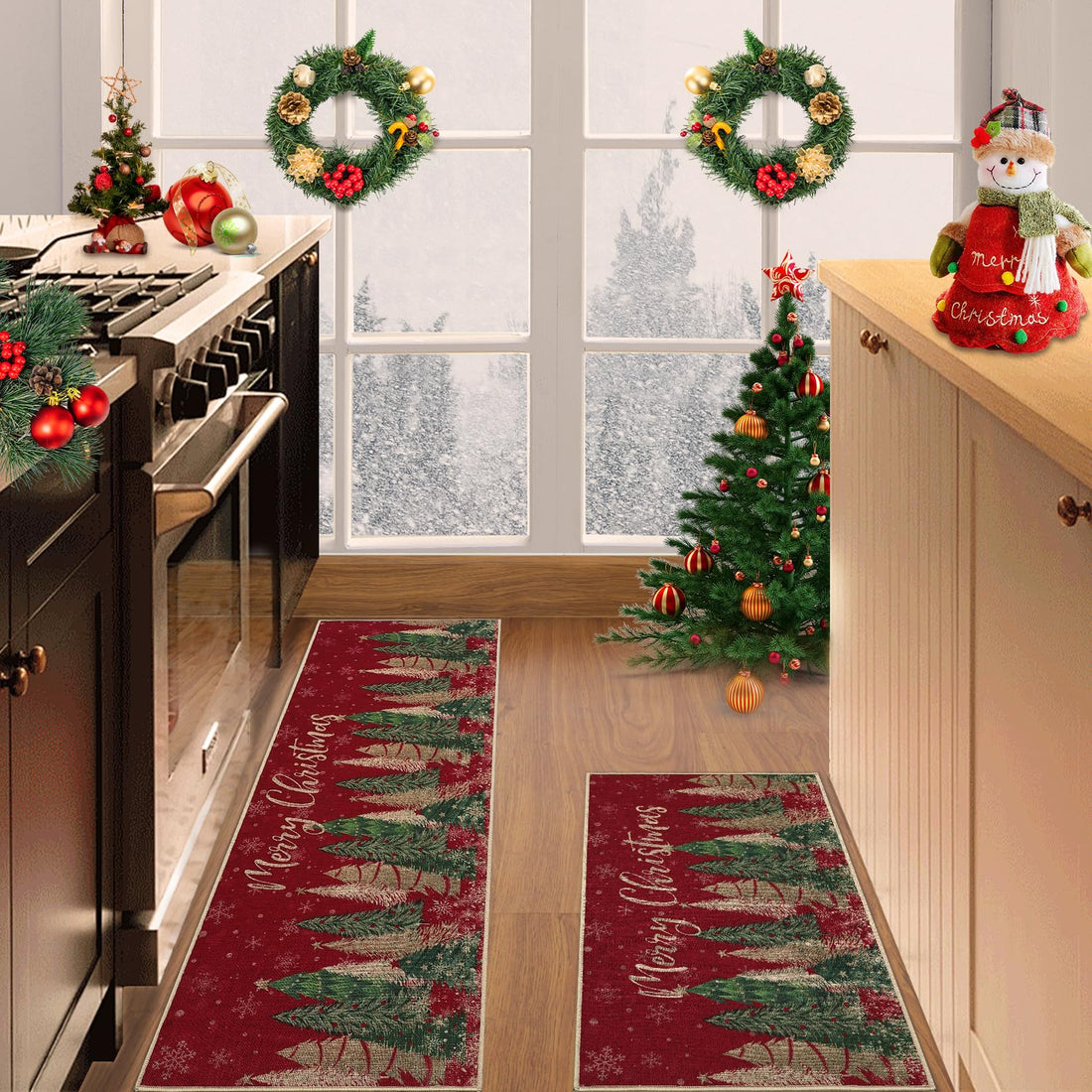 Ensemble de 2 tapis de cuisine Garvee motif sapin de Noël, antidérapants, imitation chanvre, 40 x 60 cm + 40 x 120 cm, design festif