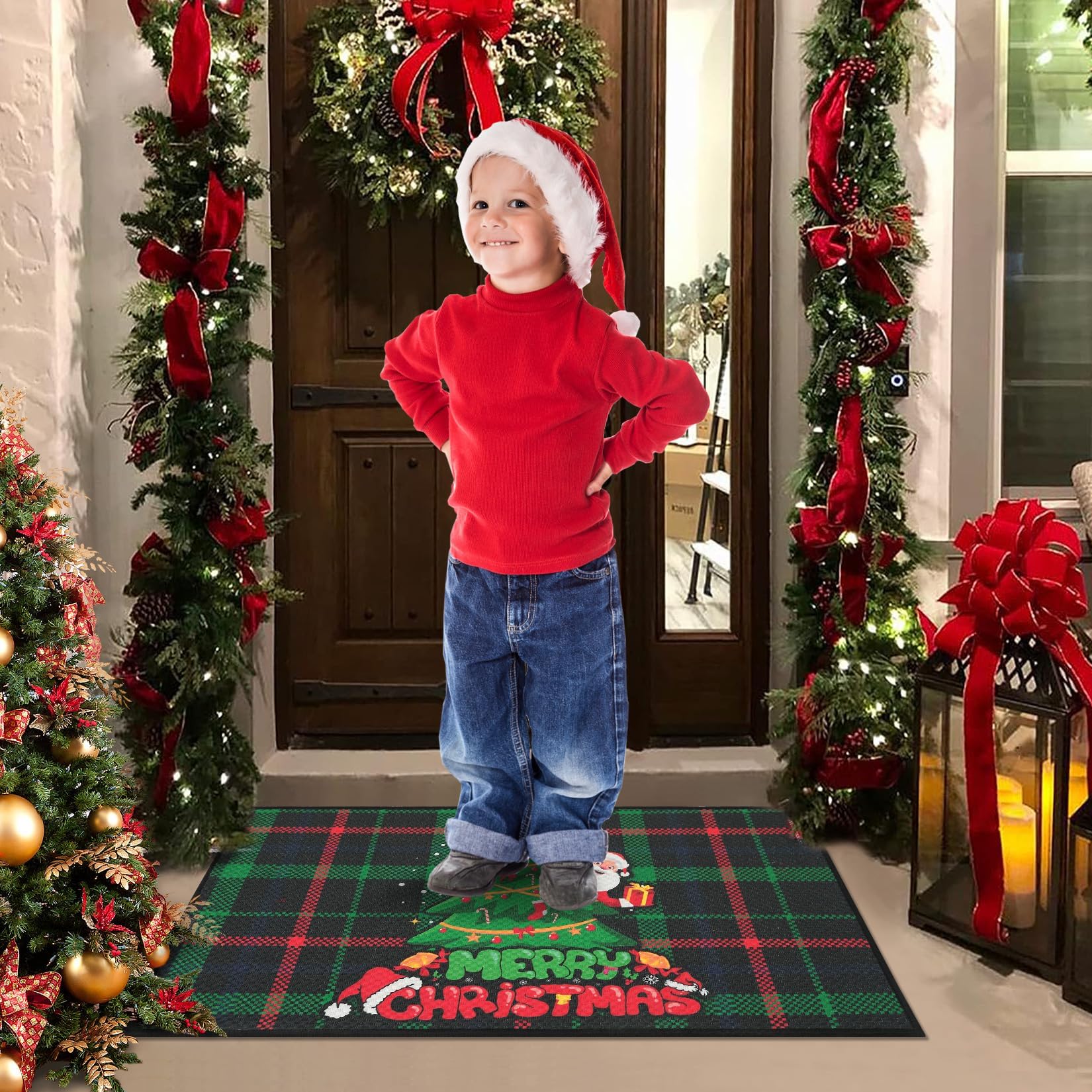 Tapis de Noël antiséquoia Garvee Zerbino Natalizio avec sapin et Père Noël, aspect lin polyester, 40 x 80 cm, pour intérieur et extérieur, rouge et vert