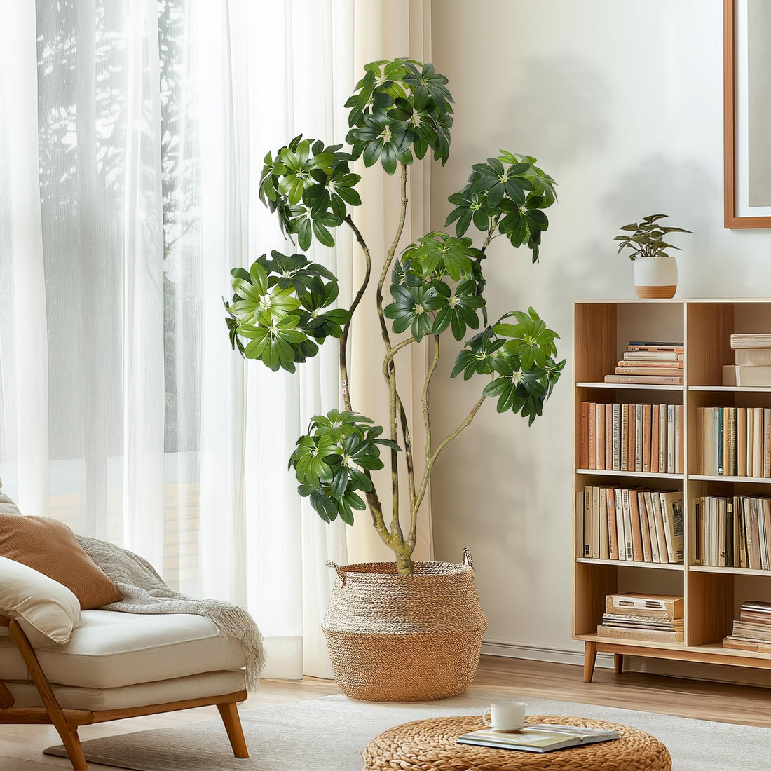 Arbre artificiel Schefflera parasol Garvee de 1,5 m avec 5 troncs, pot de fleurs blanc en PE pour la maison et le bureau
