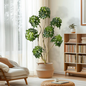 Arbre artificiel Schefflera parasol Garvee de 1,5 m avec 5 troncs, pot de fleurs blanc en PE pour la maison et le bureau
