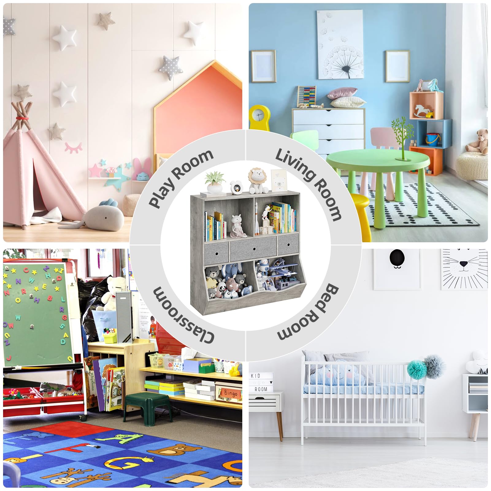 Grand meuble de rangement pour jouets Garvee à 7 compartiments et 3 tiroirs, idéal pour la salle de jeux et le couloir, gris, 93 cm (L) x 39 cm (l) x 93 cm (H)
