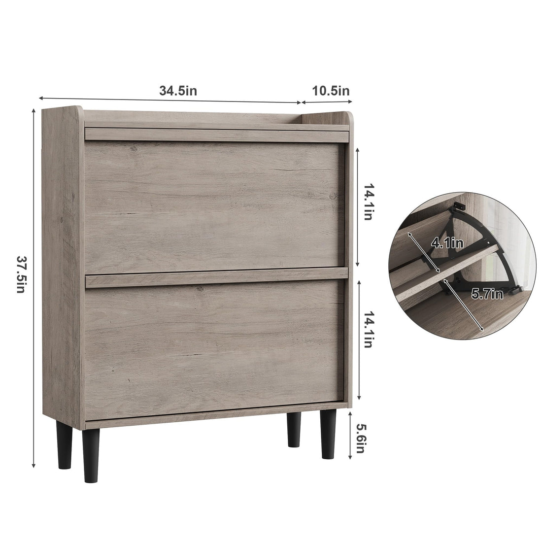 Garvee Meuble à chaussures 2 tiroirs abattants, MDF gris, 87,6 × 26,7 × 95,2 cm, étagères réglables pour entrée et salon