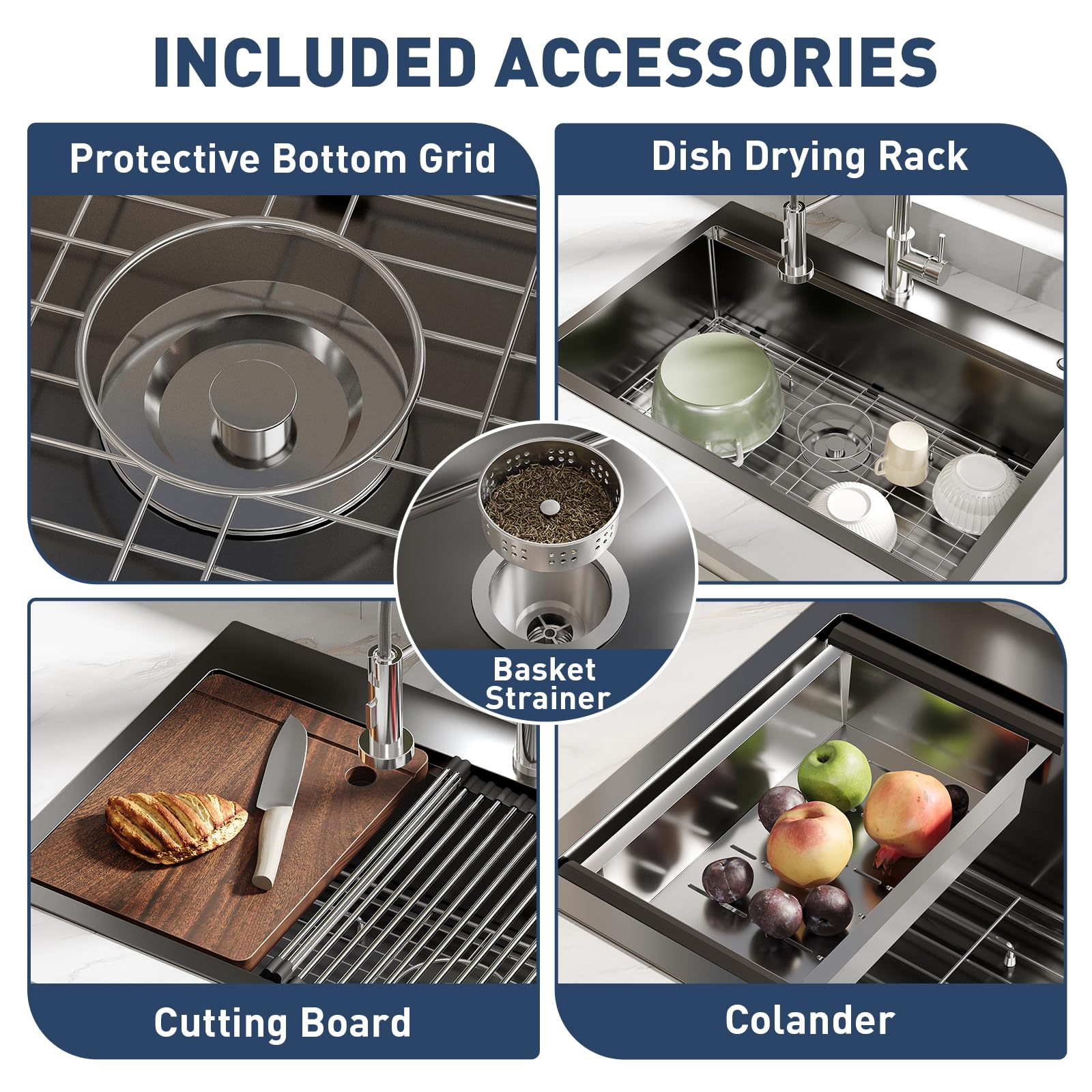 Évier à encastrer Garvee en acier inoxydable gris argenté, 76,2 x 45,7 cm, profondeur 22,9 cm – 1 cuve avec ensemble d'accessoires pour cuisine et bar