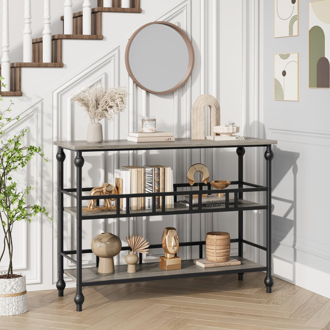Garvee Console étroite 109 cm à 3 niveaux, étagères effet bois gris rustique, structure métallique, pour salon, couloir et chambre