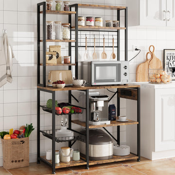 Garvee étagère de boulangerie avec prises électriques, support micro-ondes à 7 niveaux, structure en métal, étagères en bois, 90 × 40 × 178 cm, polyvalente et stable, rouge