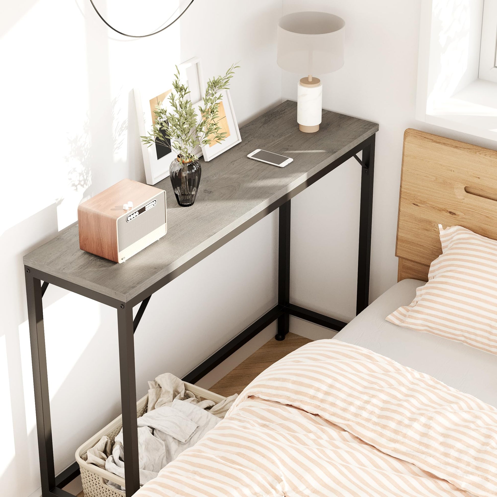 Console Garvee grise, table d'appoint étroite, style industriel, 100 cm L x 23 cm x 80 cm H, MDF et métal, robuste, polyvalente, salon et entrée