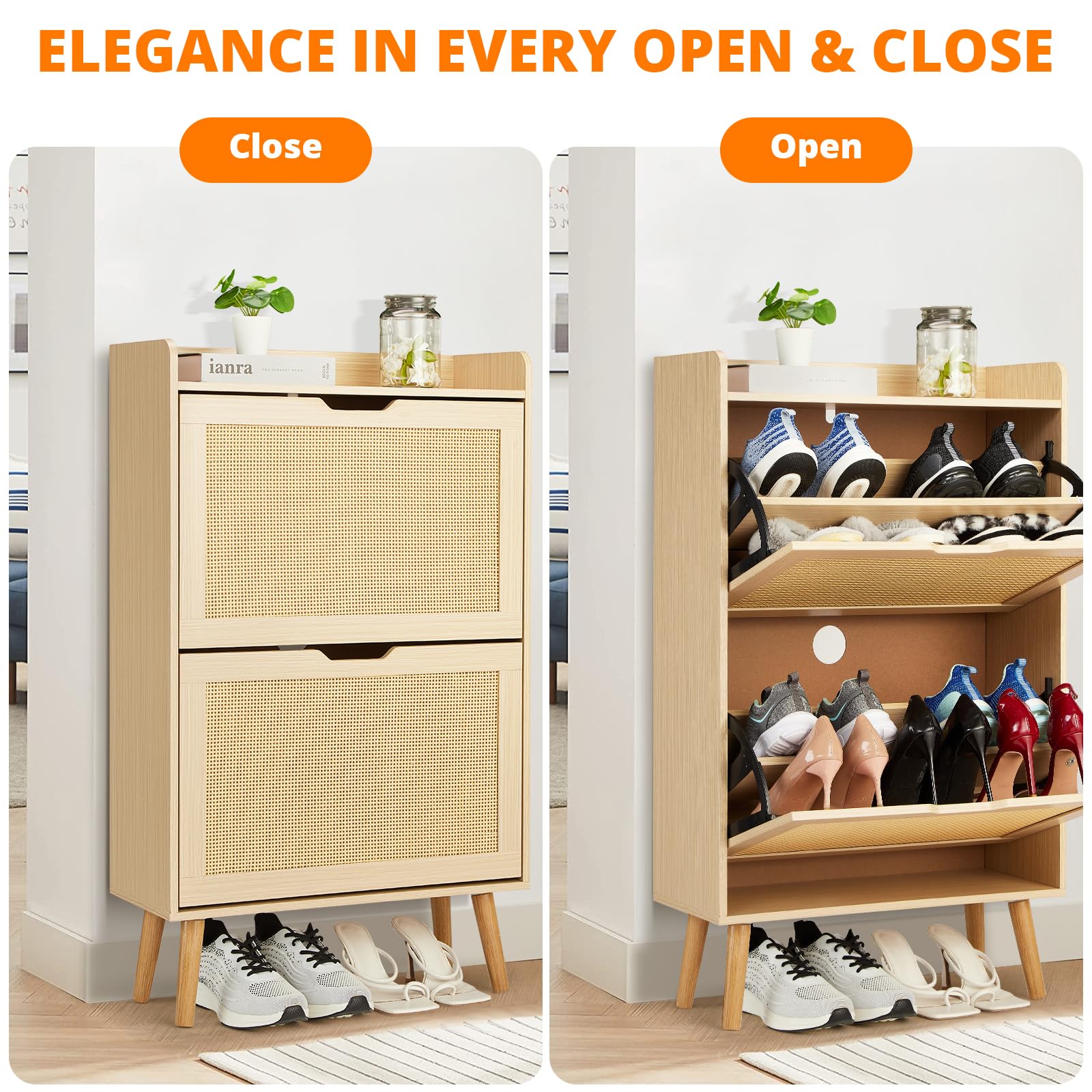 Meuble à chaussures Garvee avec 2 tiroirs pliables en rotin pour entrée et couloir, 98 x 60 x 23,5 cm, inodore, gain de place