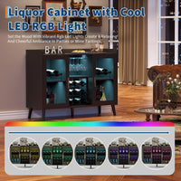 Garvee Meuble bar à vin autoportant avec casier à bouteilles et éclairage LED pour salon et salle à manger, étagère en bois et verre de 120 cm