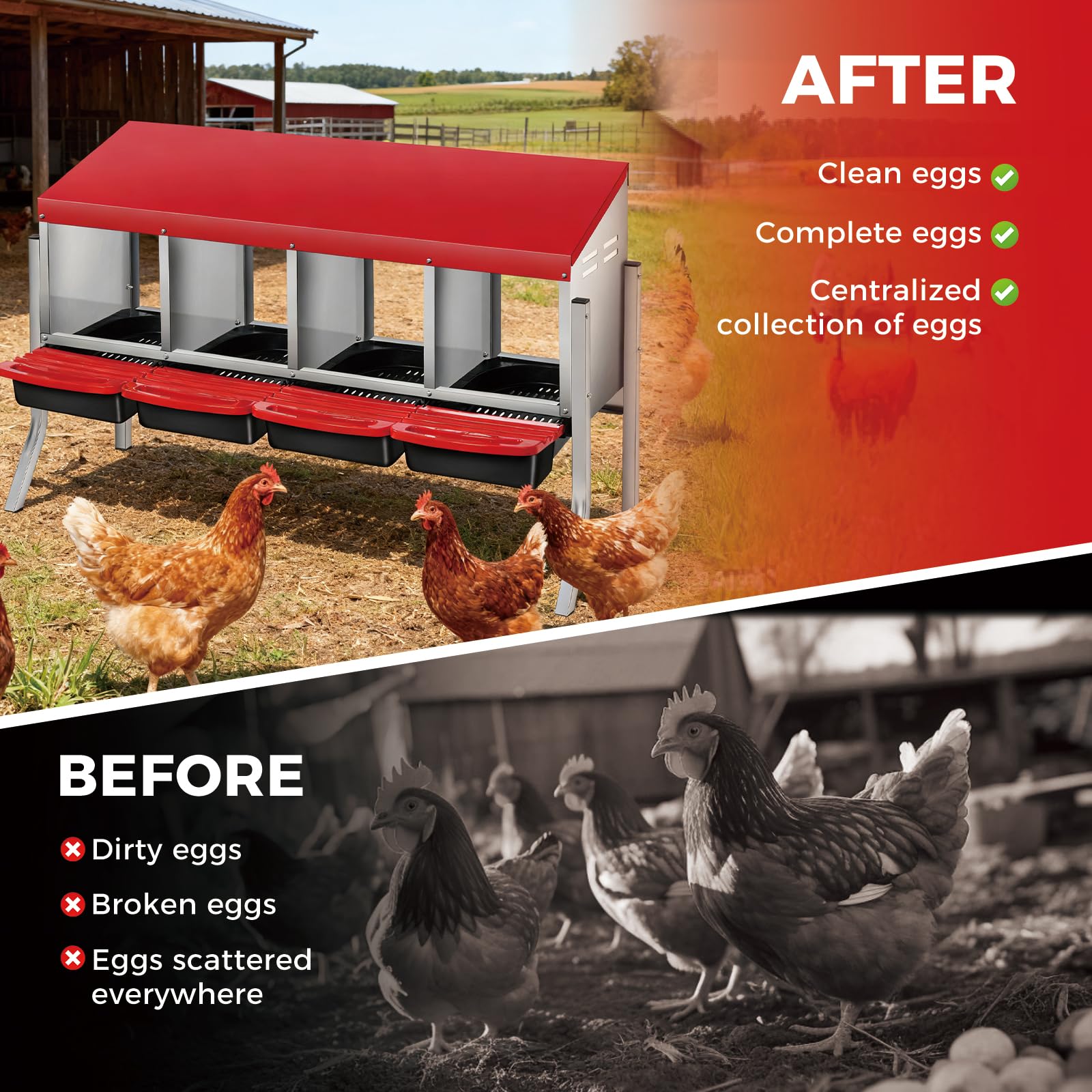 Garvee Nichoir pour Poules 4 Compartiments avec Support, Métal Galvanisé au Zinc avec Poignée en Plastique, Plateau Amovible, Rouge