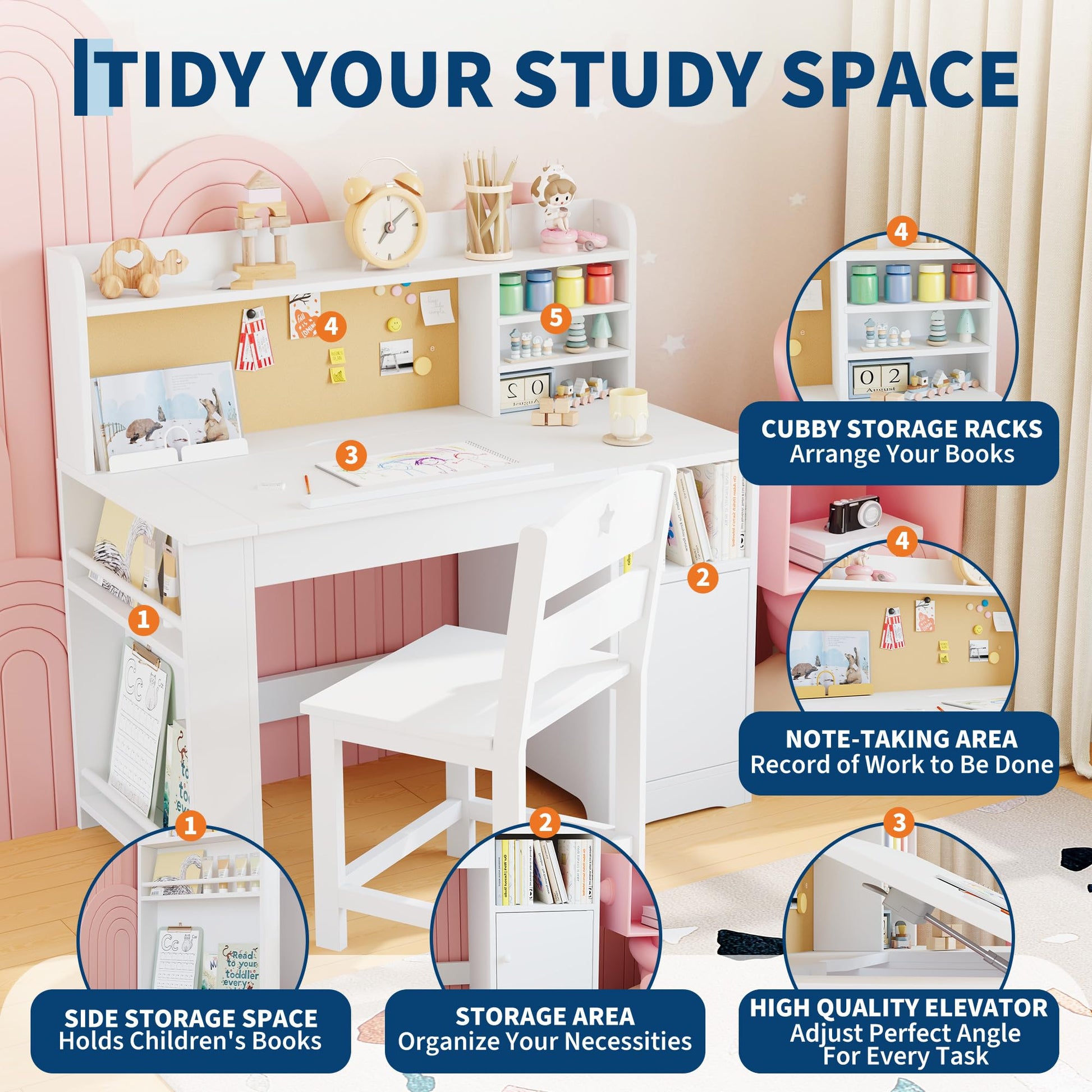 Garvee Bureau enfant ergonomique avec chaise, plateau inclinable et meuble de rangement, blanc, idéal pour étude, devoirs et activités créatives