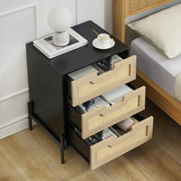 Table de chevet Garvee en rotin avec 3 tiroirs en osier naturel, style moderne, structure en bois robuste, noir, pour chambre et salon