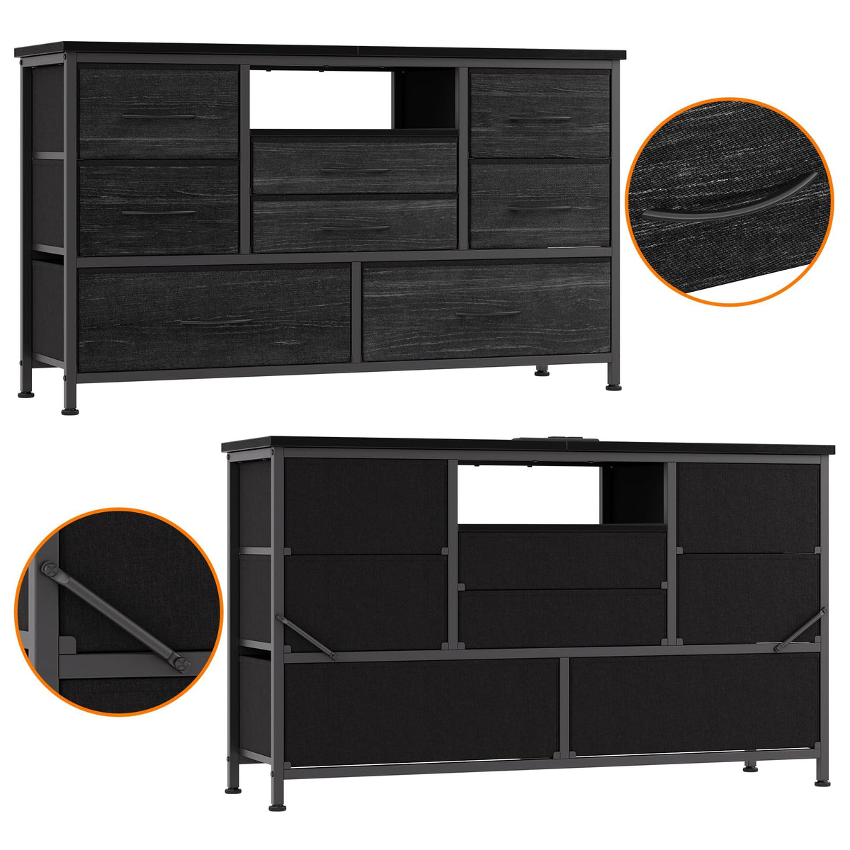 Garvee commode à 8 tiroirs, 3 prises électriques et 2 ports USB, meuble TV avec éclairage LED pour chambre, salon ou entrée, 120 cm, gris