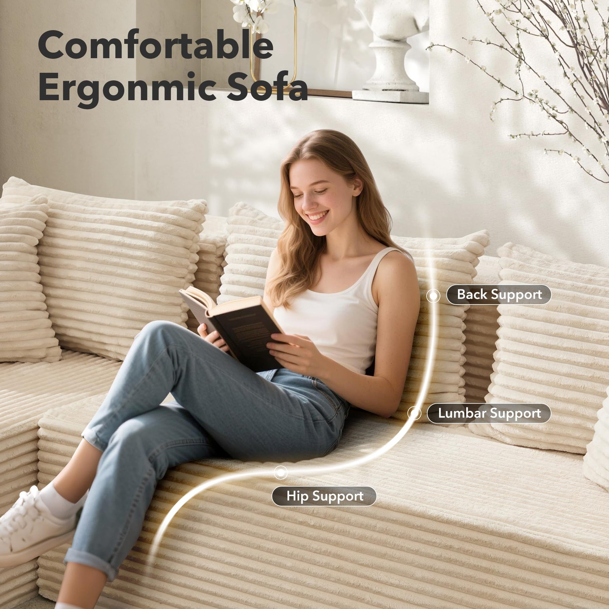 Canapé d'angle modulable Garvee Cloud Couch 269 cm (106 po) avec assise profonde de 41,4 cm (16,3 po) et méridienne de 93,2 cm (36,7 po), revêtement en velours côtelé, structure sans armature, 5 coussins, salon, beige