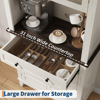 Armoire de cuisine Garvee de 183 cm de haut avec compartiment micro-ondes, espace de rangement, bois, tiroirs, portes vitrées, blanc, salle à manger