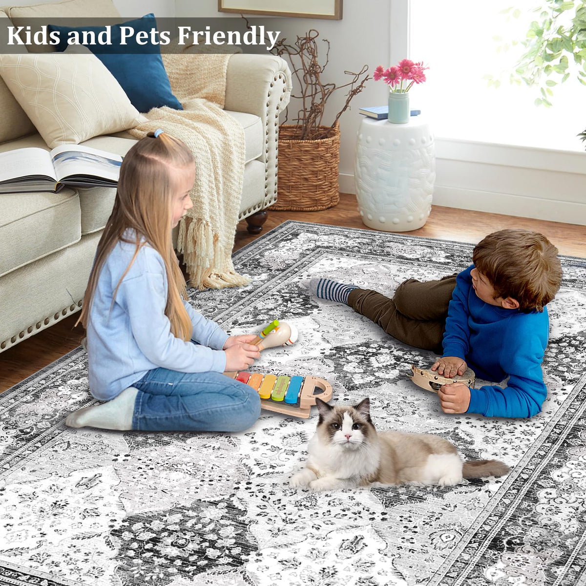 Tapis Garvee Boho Rugs lavable, antidérapant et fin, pour salon, salle à manger, chambre, cuisine ou bureau, 120 x 170 cm, gris
