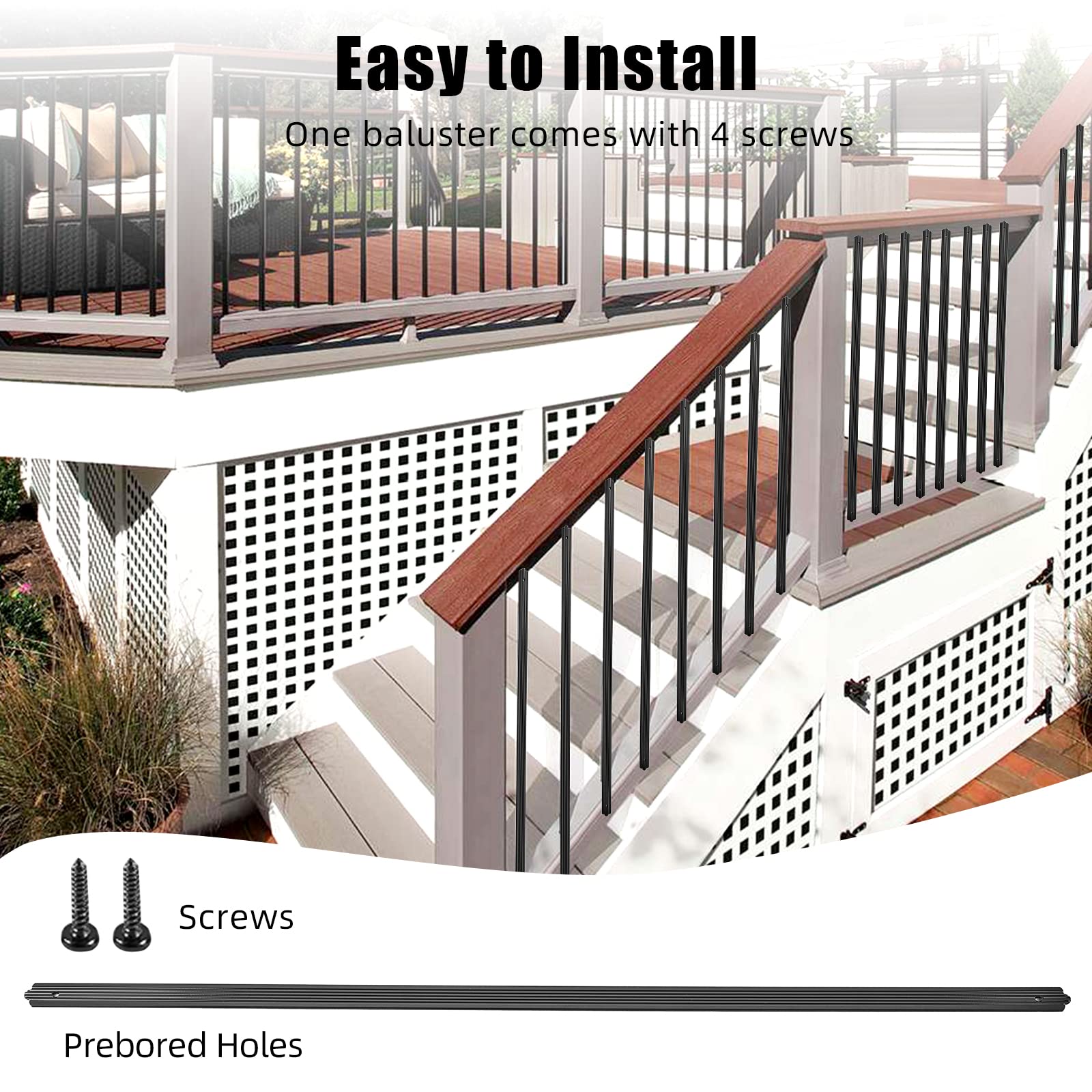 GARVEE Balustres de terrasse droits plats en aluminium de 82 cm (32-1/4 po) avec vis, paquet de 50, balustres rainurés pour porche, escaliers et terrasse, noir mat