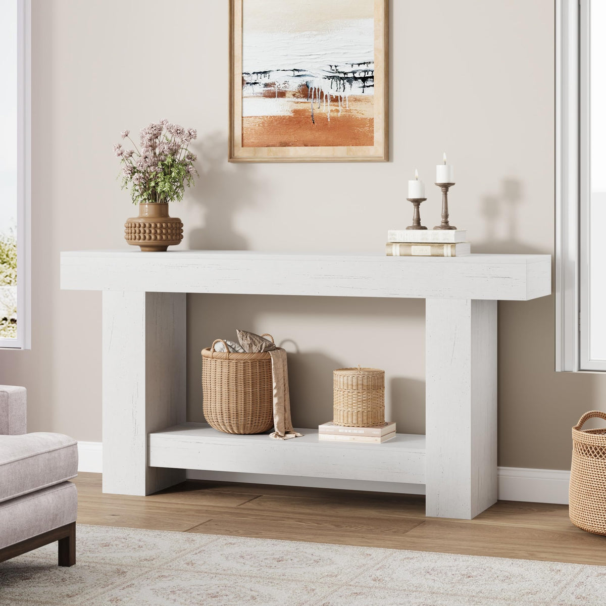 Garvee Table Console 160 cm en Bois Massif avec 2 Étagères, Style Maison de Campagne, pour Salon et Entrée, Blanc