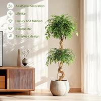 Ficus artificiel Garvee de 1,5 m avec tronc courbé, plus de 1134 feuilles en soie, pot blanc pour bureau et salon