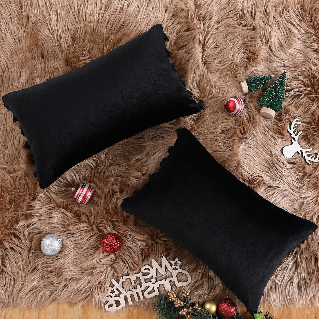 Coussin rectangulaire en velours Garvee avec pompons et fermeture éclair invisible, 30 x 50 cm, noir, pour salon