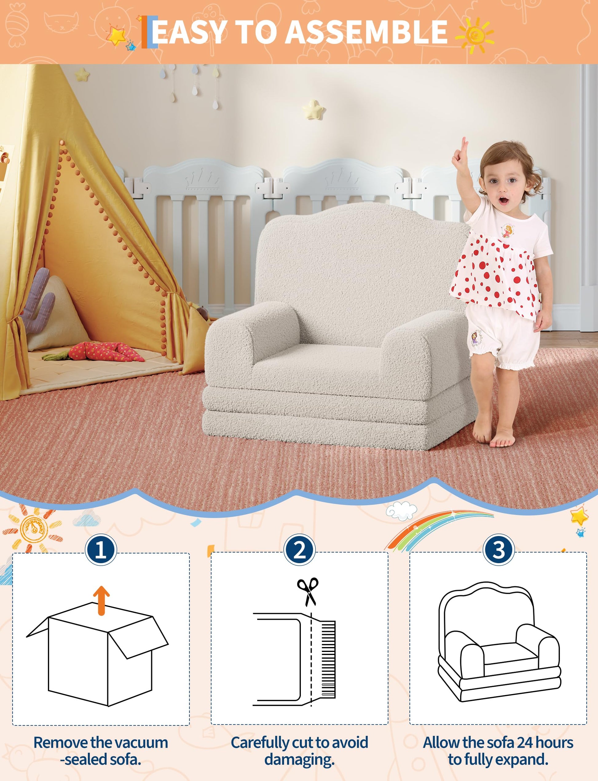 Canapé enfant Garvee 2-en-1 pliable, coussin doux en sherpa, mousse haute densité, antidérapant et sécuritaire pour la salle de jeux, 58 x 132 x 33 cm, blanc