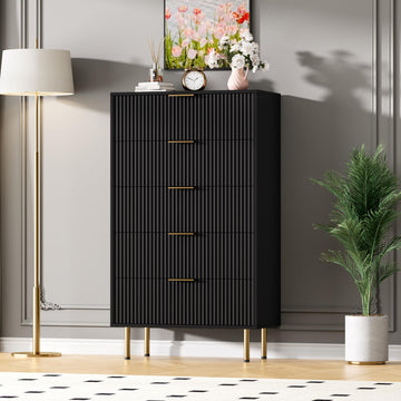 Garvee commode moderne à 5 tiroirs avec panneau cannelé, bois MDF, poignées en métal, pour chambre et couloir, 66 × 33 × 12 cm, noir