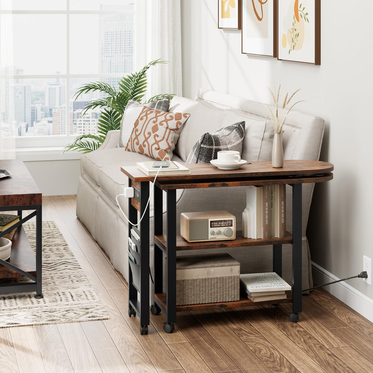 Garvee table d'appoint pivotante à 360° avec station de charge, 6 roulettes, MDF et métal, salon et chambre, noire