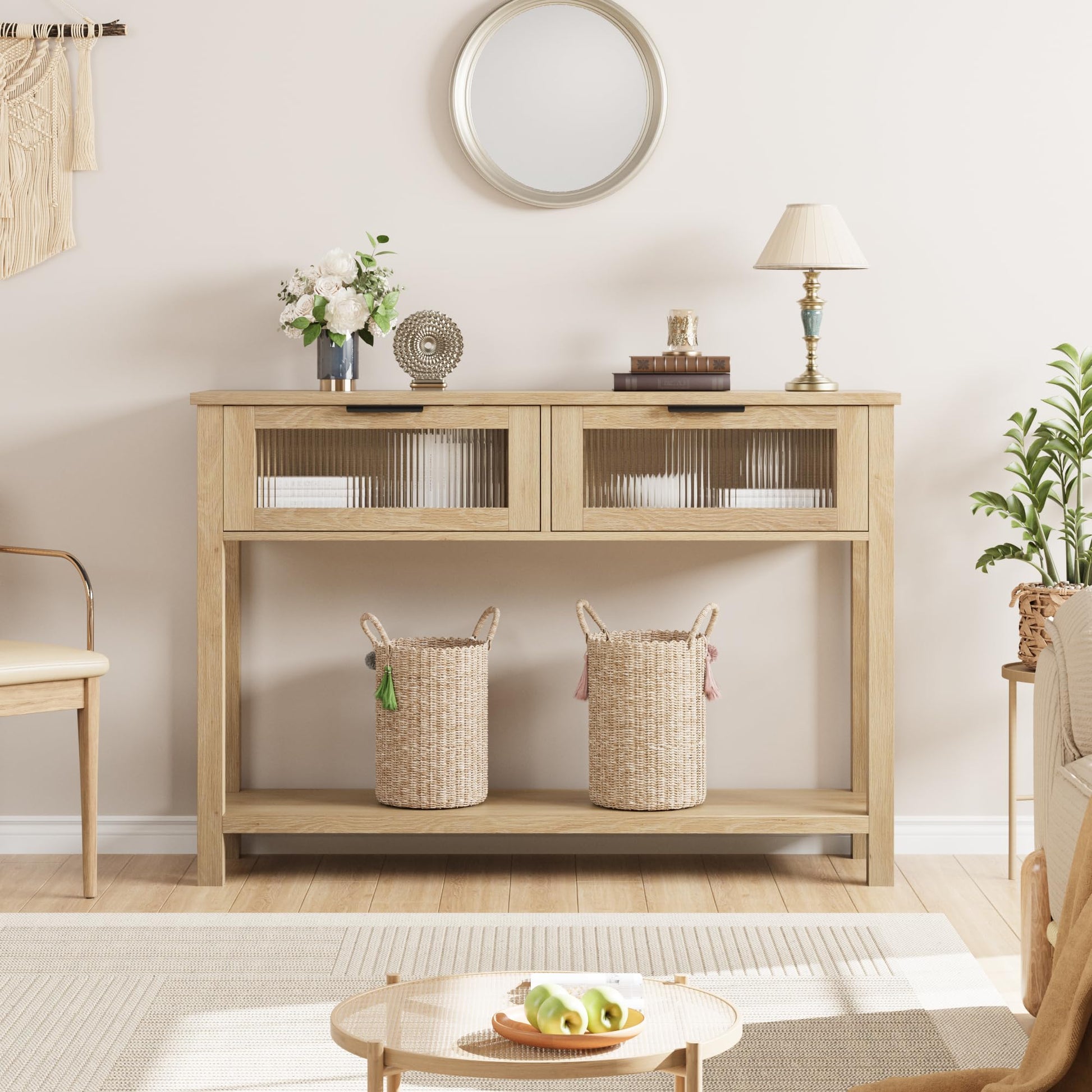 Garvee Console en MDF Bois naturel avec 2 Tiroirs à Façades en Verre, L. 110 × P. 30 × H. 80 cm, Meuble de Rangement pour Salon et Entrée