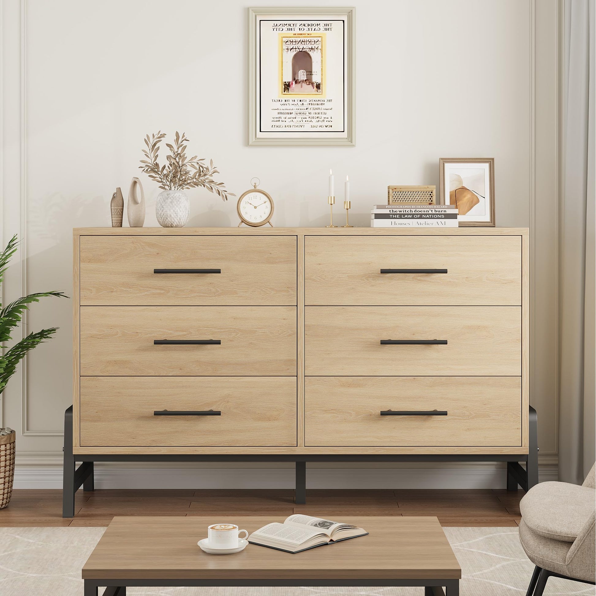 Commode Garvee, 6 tiroirs, 132 cm de large, grand espace de rangement, meuble en bois autoportant, chêne naturel, chambre, salon