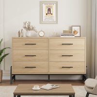 Commode Garvee, 6 tiroirs, 132 cm de large, grand espace de rangement, meuble en bois autoportant, chêne naturel, chambre, salon