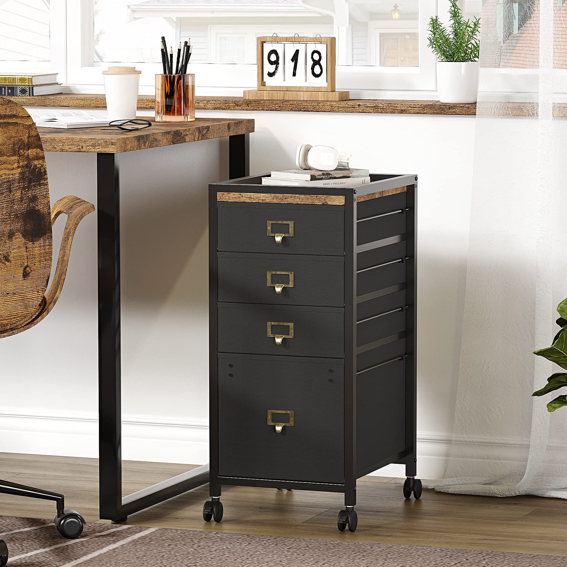 Garvee Caisson de classement mobile 4 tiroirs en tissu, cadre métal, plateau MDF, imperméable et anticorrosion, roulettes, idéal bureau maison.