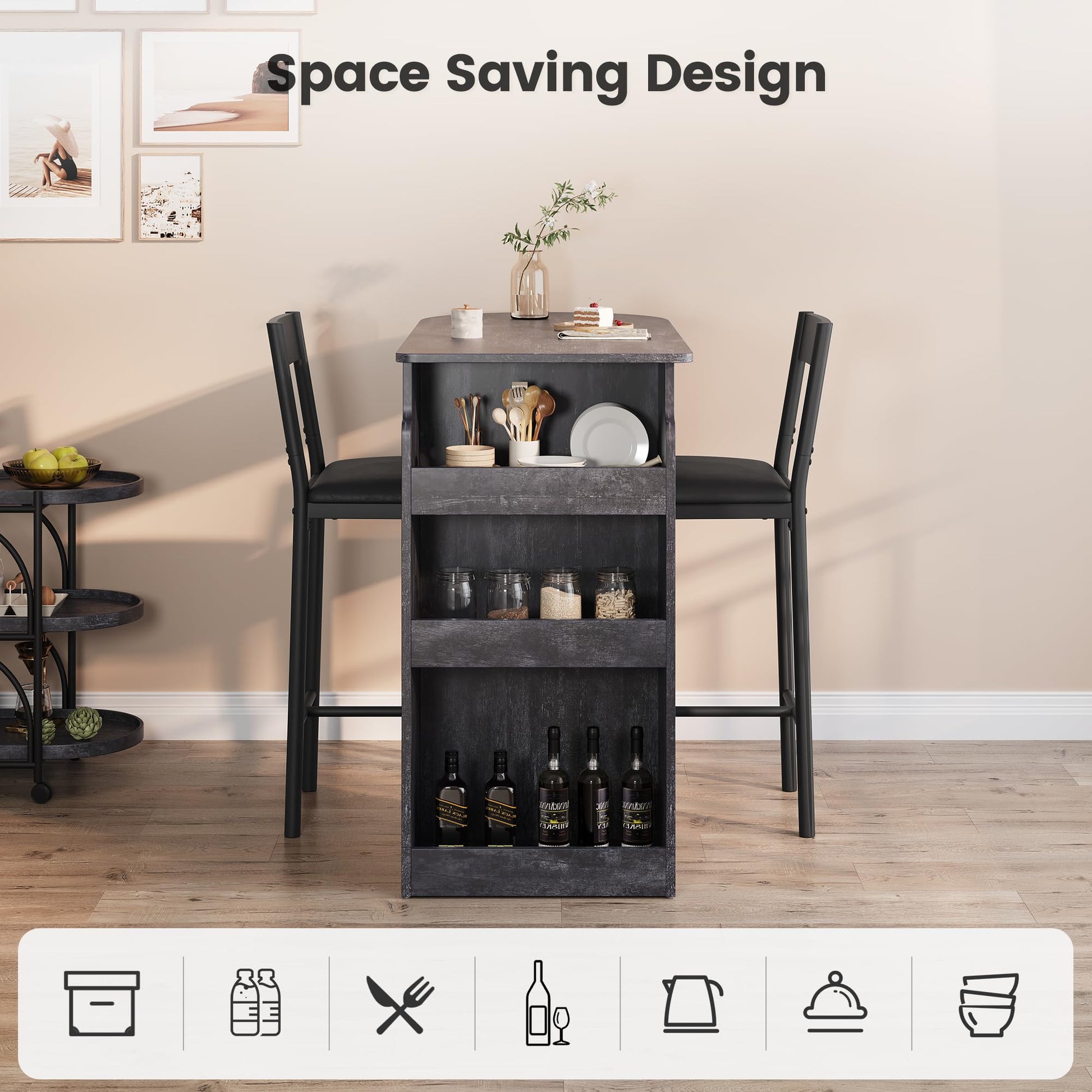 Ensemble table et chaises de bar Garvee avec plateau semi-circulaire rétro, rangement à 3 niveaux, tabourets recouverts de cuir pour la cuisine et le bureau, moderne et peu encombrant