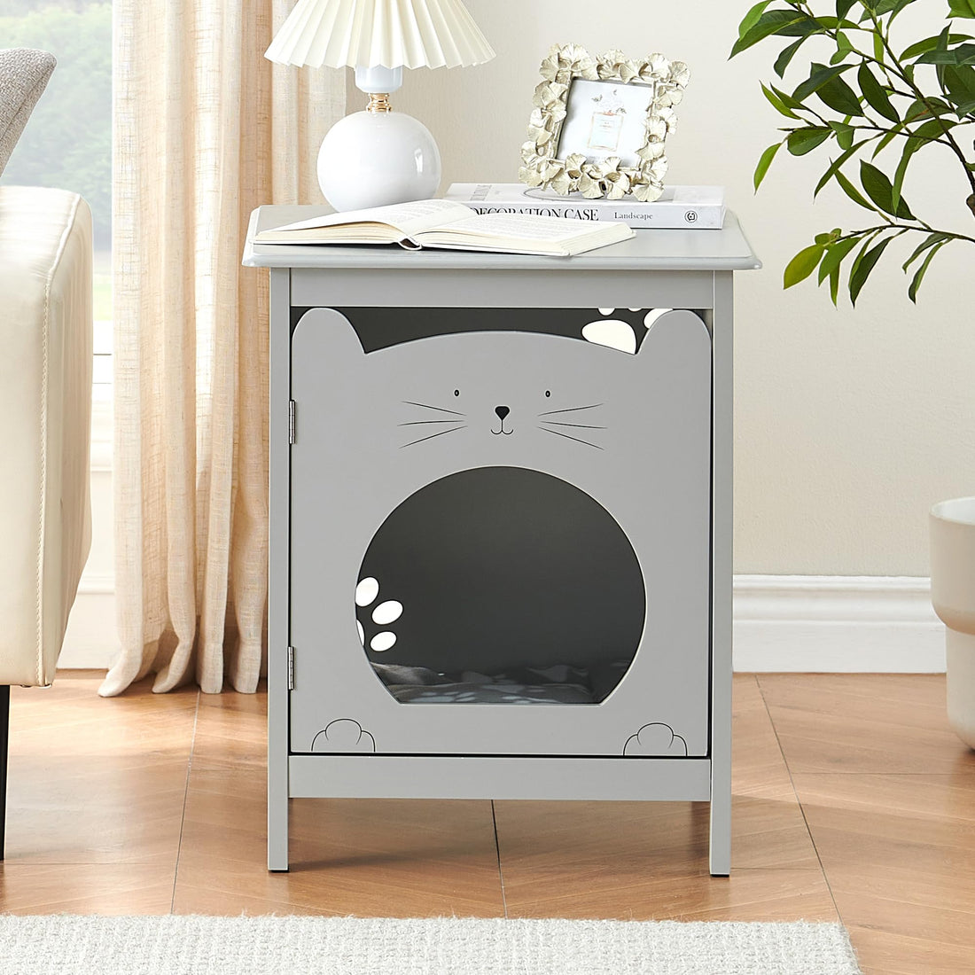 Bac à litière pour chat Garvee avec porte et aération, servant de table d'appoint pour le salon, 47,5 cm (L) x 50,8 cm (l) x 60,5 cm (H), gris