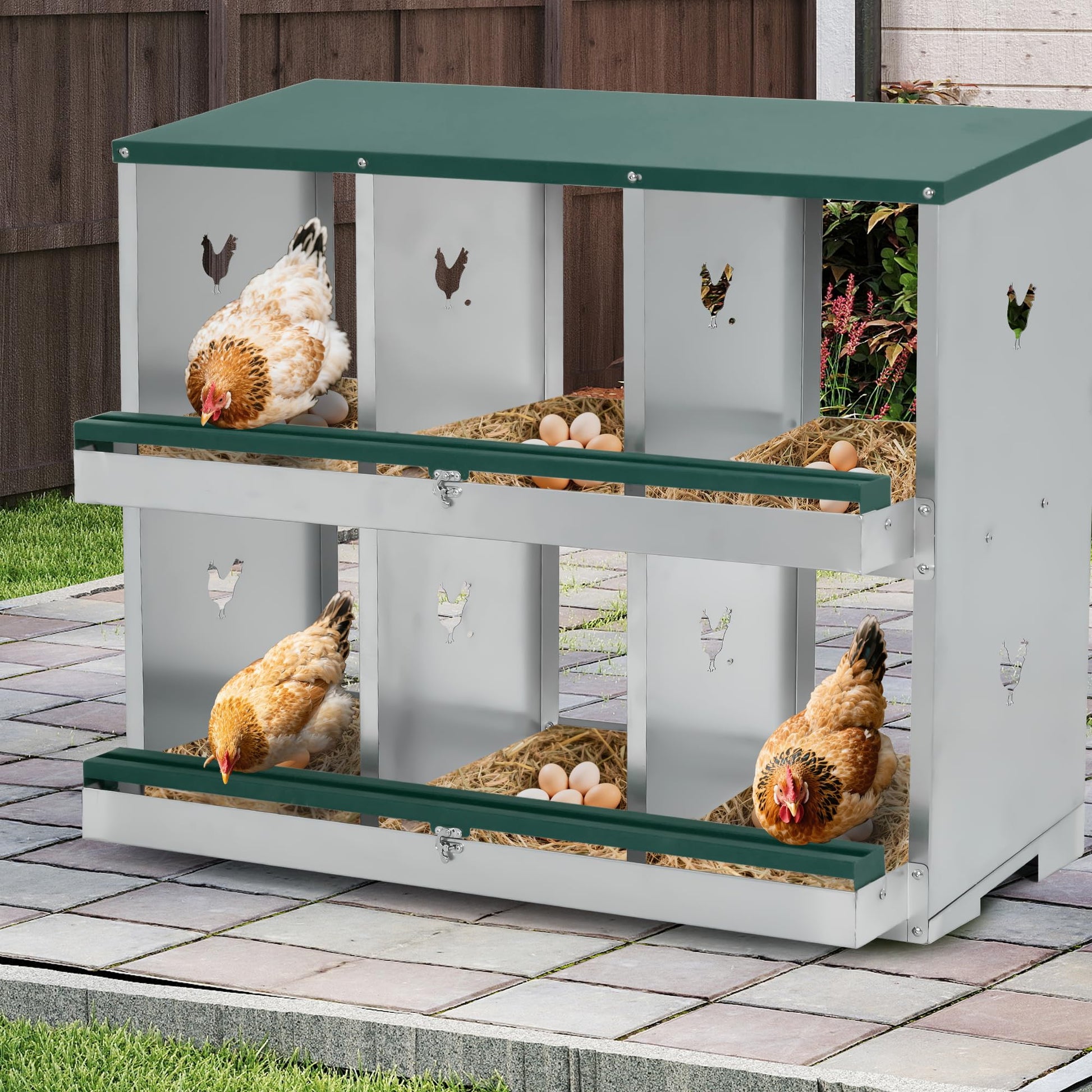 Garvee Pondoir pour Poules à 3 Compartiments, Acier Galvanisé, Grandes Ouvertures de Ventilation, Sécurisé, pour Poulailler, Vert
