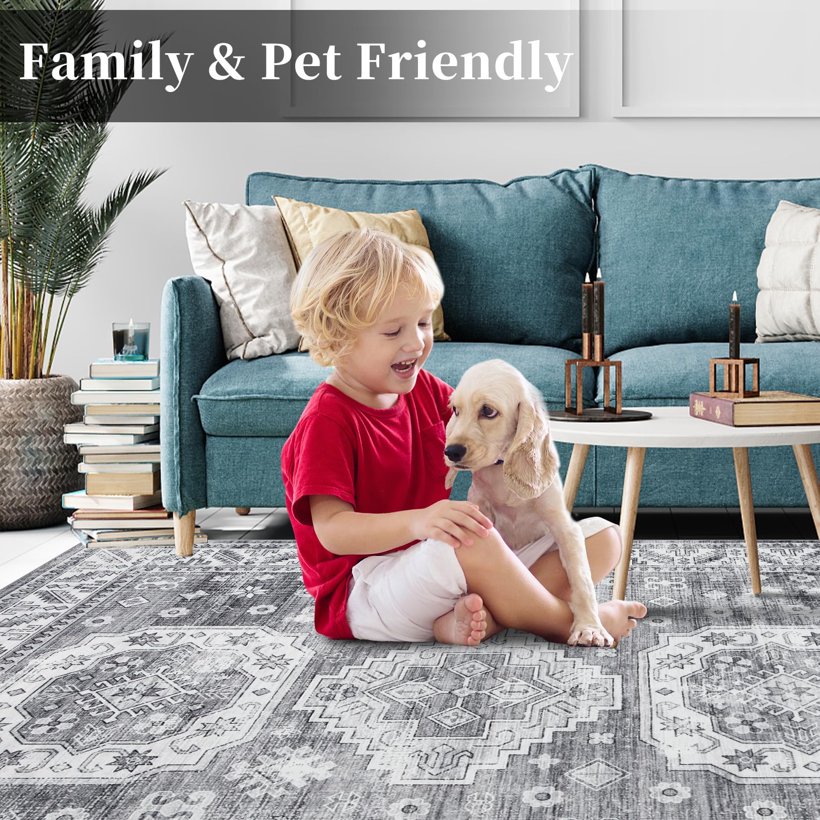 Tapis oriental GARVEE, grand format, style bohème rétro, lavable en machine, gris, 160 x 230 cm, idéal pour salon, chambre ou cuisine.