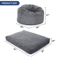 Pouf géant Garvee pour adultes, convertible en lit pouf 2 en 1, housse en velours côtelé lavable, gris clair, pour salon et chambre.
