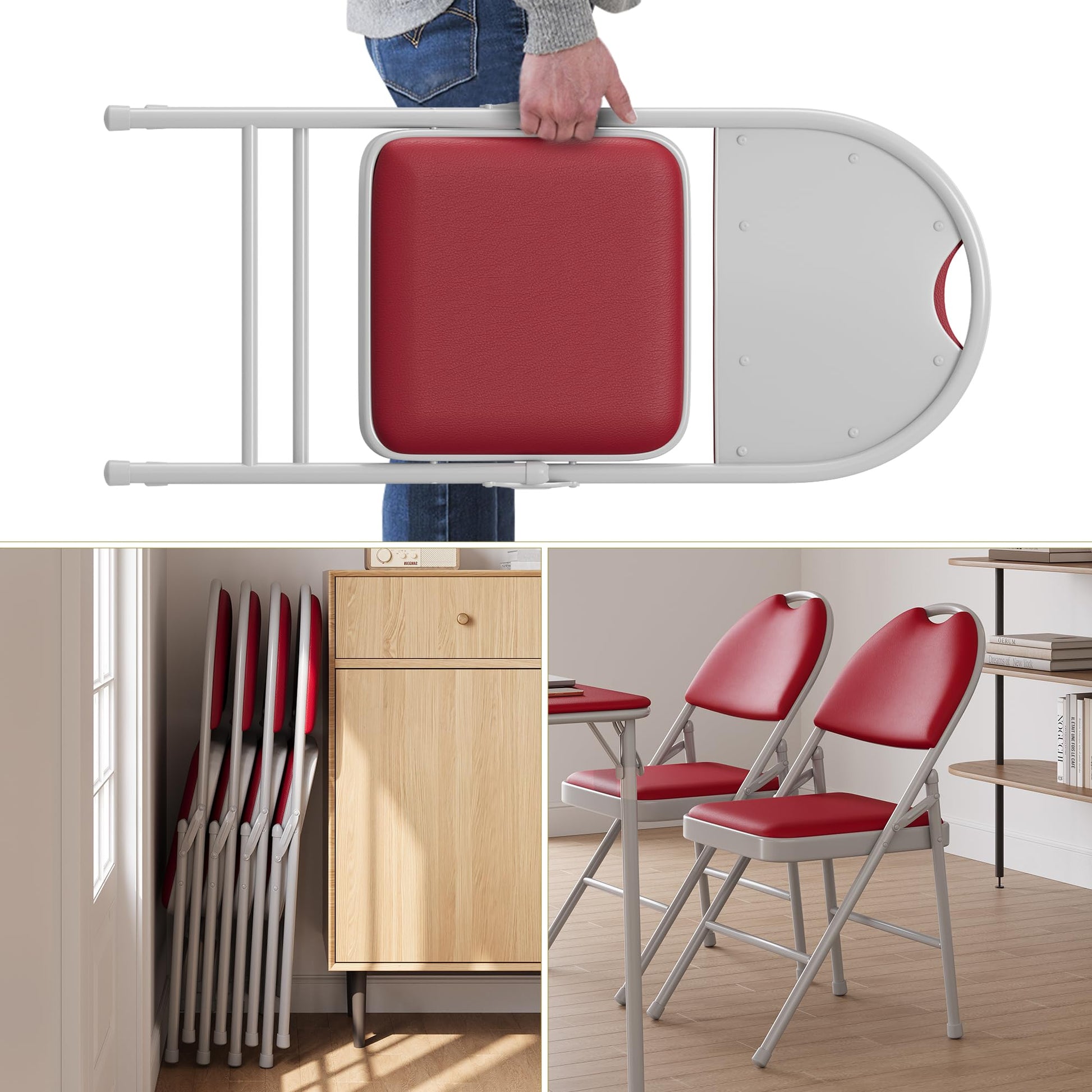 Ensemble de 6 chaises pliantes Garvee avec revêtement en similicuir, structure métallique pliable, empilables, rouges, pour le bureau et le camping