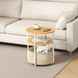 Garvee Table d'Appoint Ronde 3 Niveaux Avec Panier en Tissu MDF Robuste Design Vintage Stable Pour Salon et Chambre 60 cmH x 40 cm Dia - Naturel