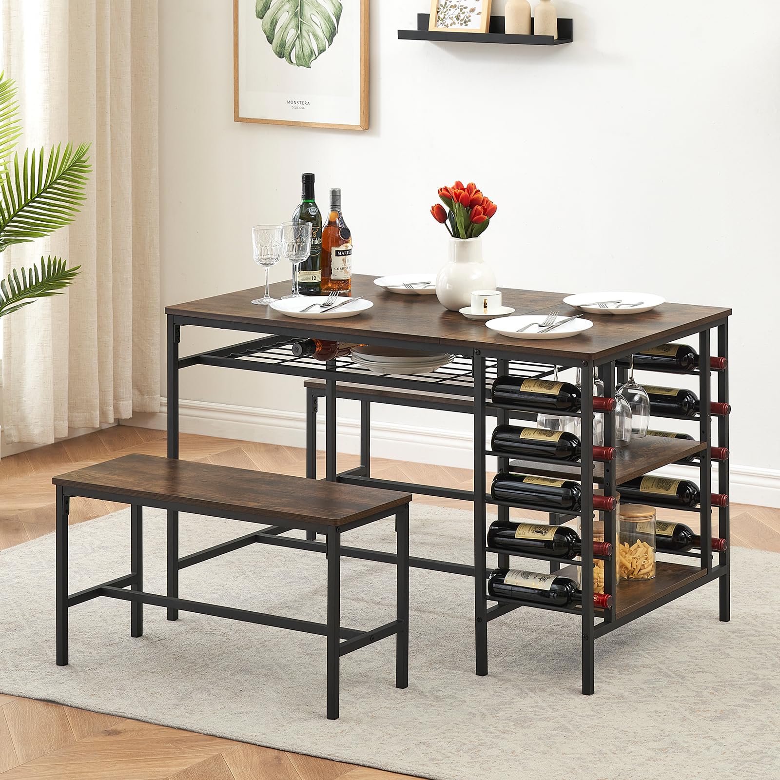 Ensemble table et chaises Garvee pour 4 personnes avec casier à vin et rangement, structure robuste en métal et bois, gain de place, forme rectangulaire, idéal pour les petites pièces
