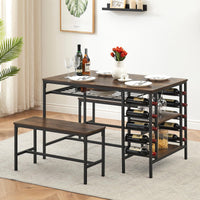 Ensemble table et chaises Garvee pour 4 personnes avec casier à vin et rangement, structure robuste en métal et bois, gain de place, forme rectangulaire, idéal pour les petites pièces