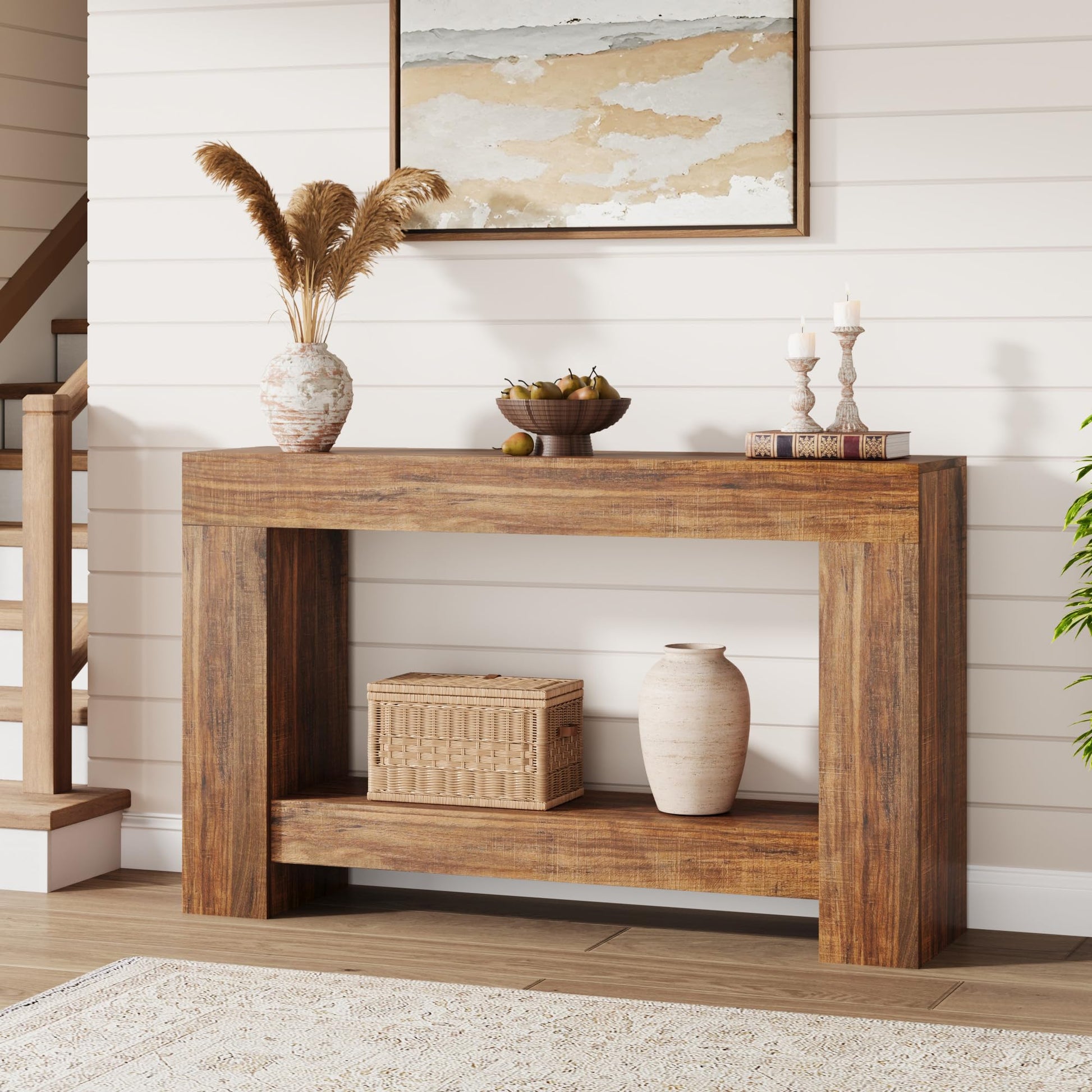 Garvee Table Console 120 cm en Bois Massif avec 2 Étagères, Style Maison de Campagne, pour Salon et Entrée, Marron