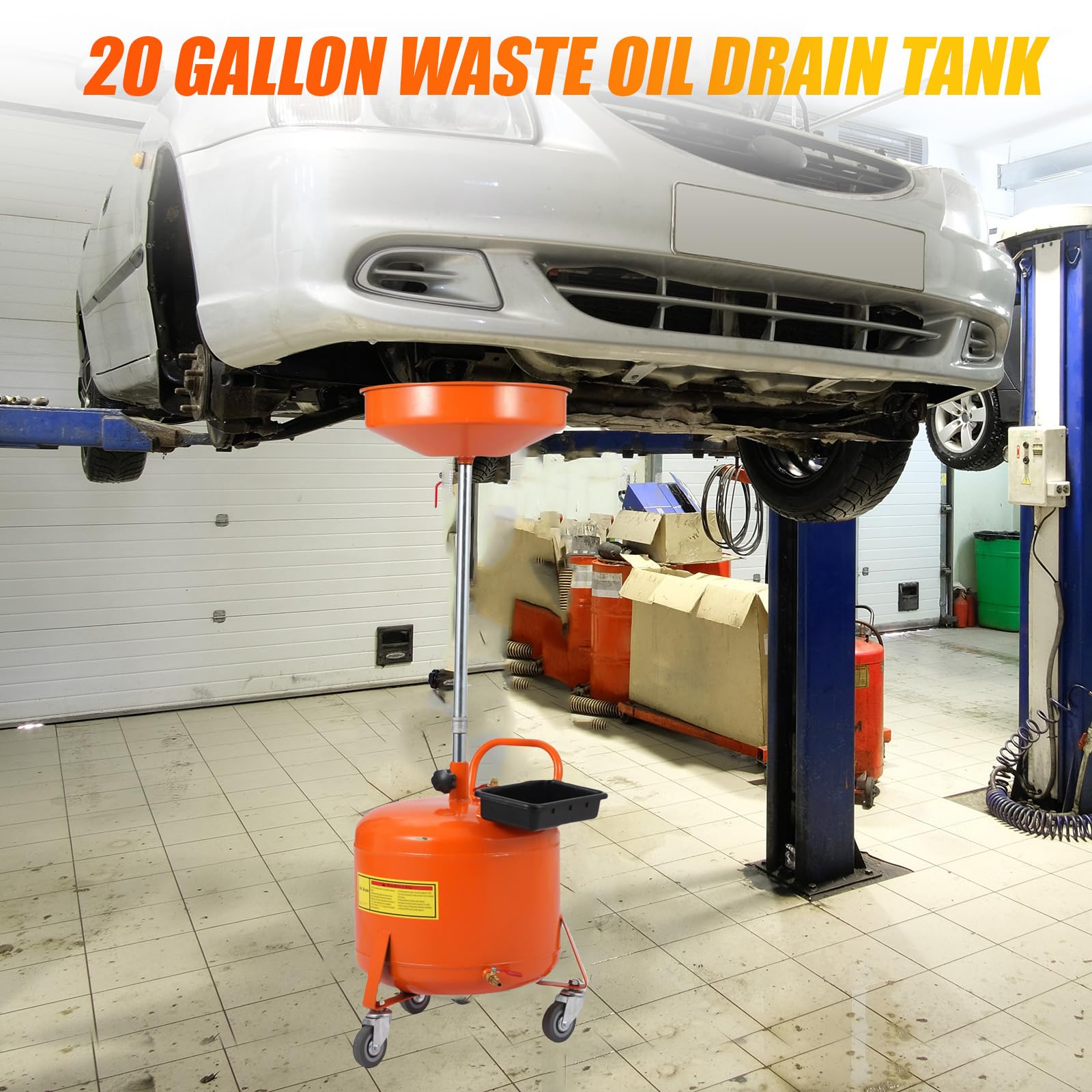 Réservoir de vidange d'huile Garvee de 75 litres (20 gallons) avec réglage en hauteur, roues pivotantes à 360° de 96,5 à 165 cm (38 à 65 pouces), acier thermolaqué anti-fuite, pour atelier ou garage.