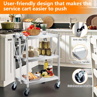 Garvee Chariot de service pliable en acier inoxydable - portable, 3 étagères, avec frein, capacité de charge de 200 kg, argent