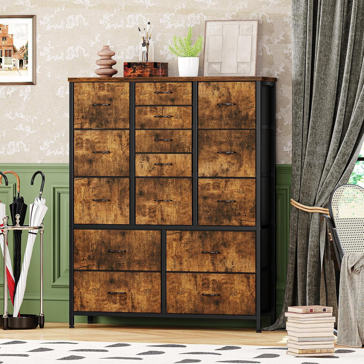 Garvee commode en tissu à 15 tiroirs, structure métallique, robuste et durable, 100 × 30 × 123 cm, chambre et salon, gris