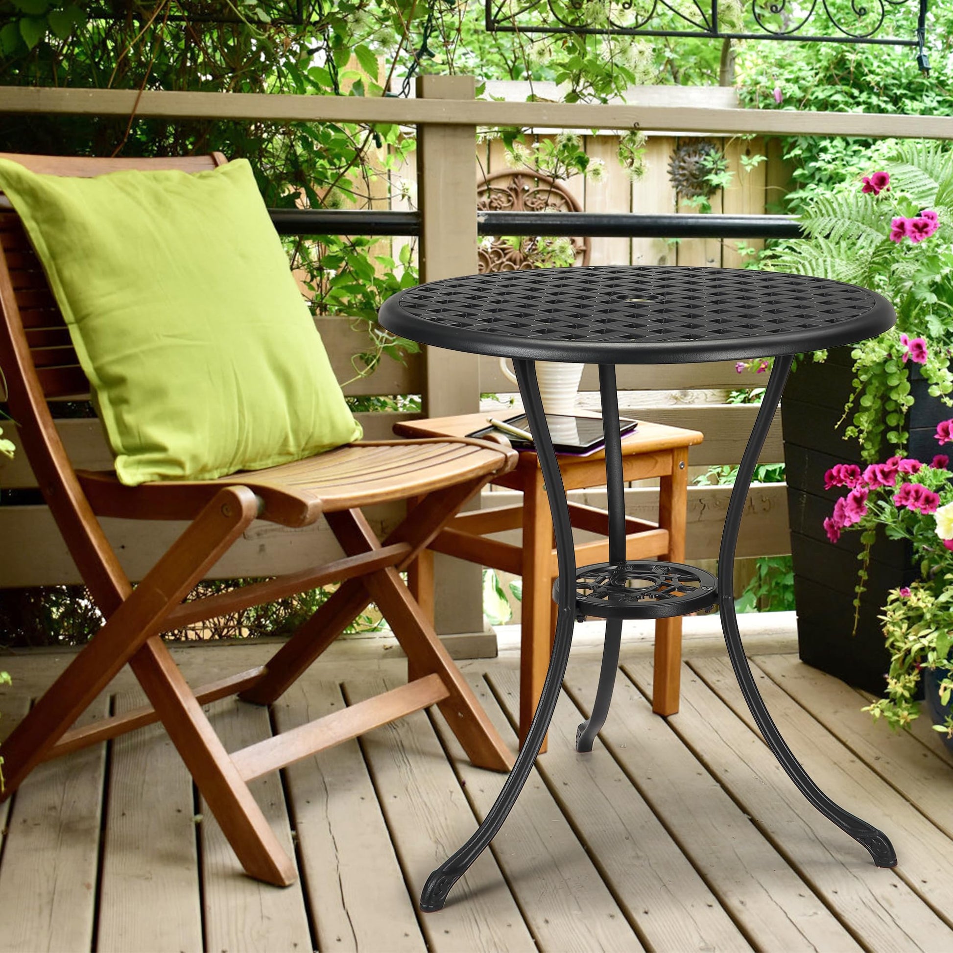 Table de bistrot Garvee Patio ronde de 61 cm (24 po) avec trou pour parasol de 5 cm (2 po), en aluminium résistant aux intempéries et structure en fer robuste, noir classique, pour balcon et jardin.