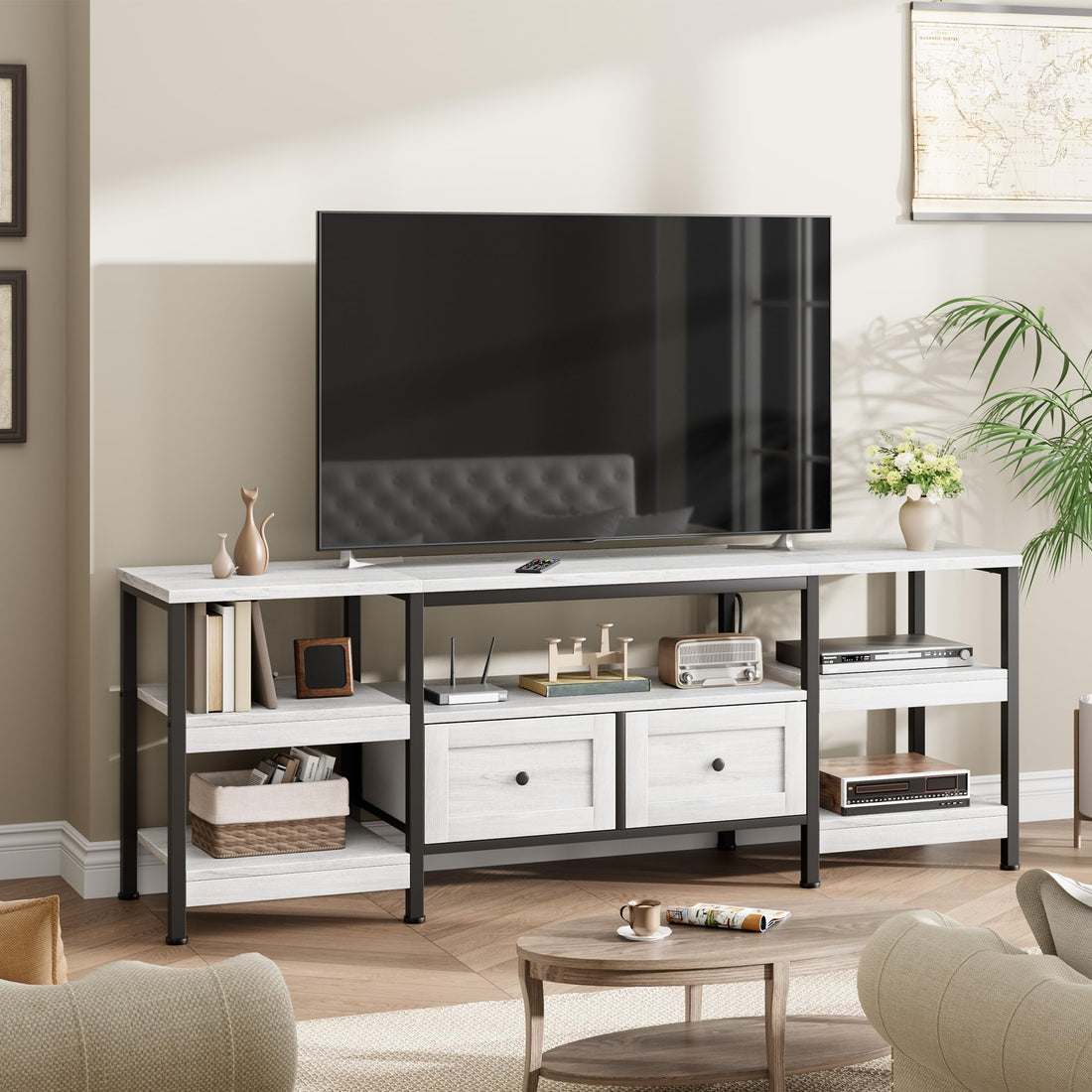 Meuble TV industriel Garvee avec 2 tiroirs pour salon, 200 cm (79 pouces), marron rustique