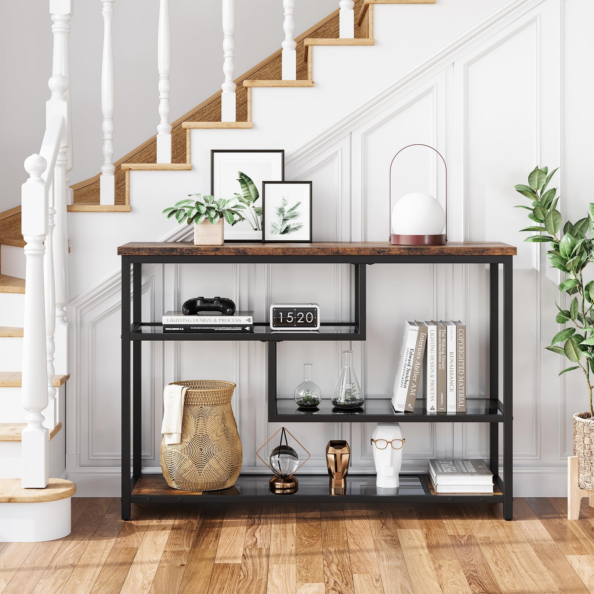 Garvee console à 4 niveaux avec étagère en verre et structure en métal, idéale pour l’entrée et le salon, 100 × 30 × 75 cm, rétro rustique