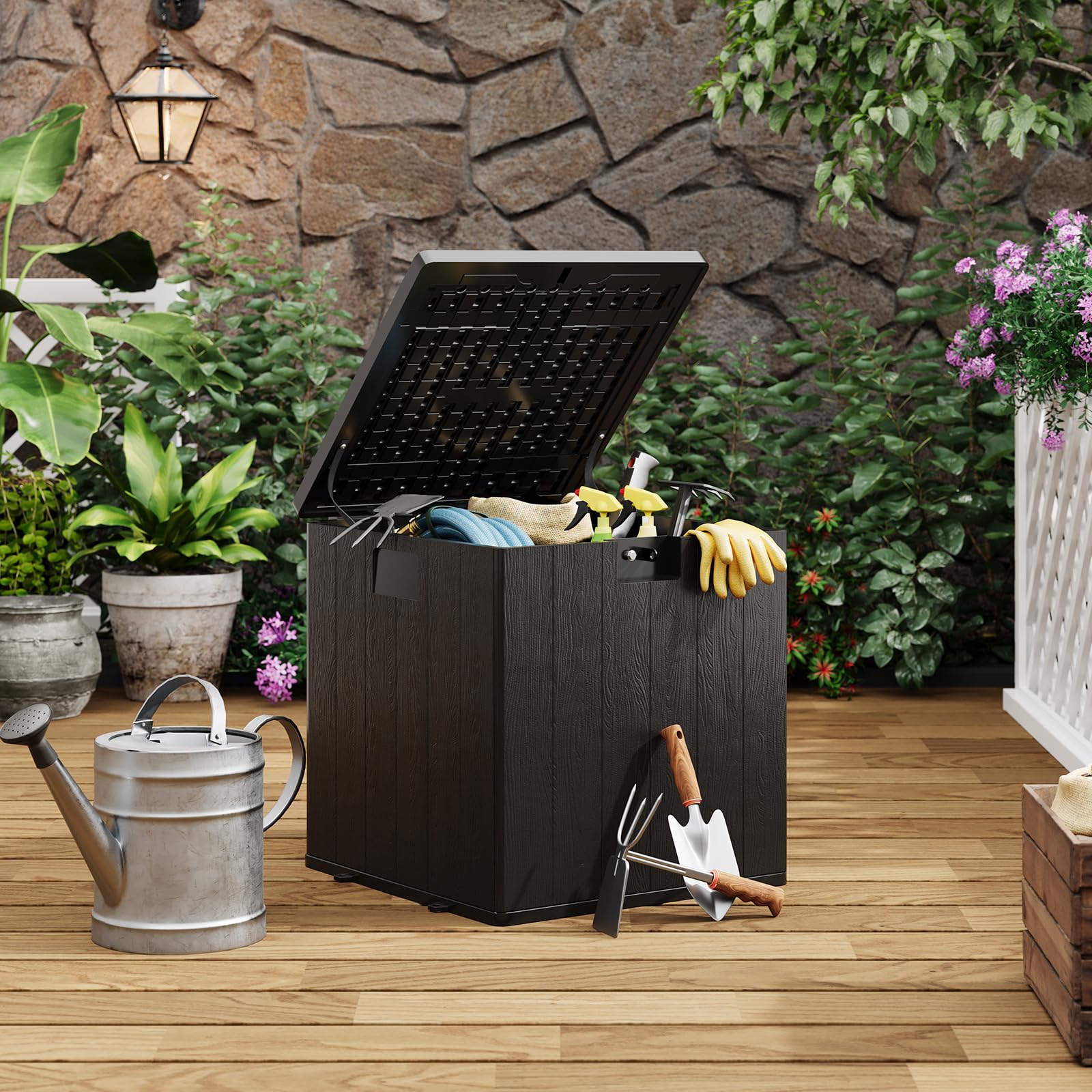 Coffre de rangement extérieur Garvee 28 gallons avec couvercle, résistant aux intempéries et verrouillable, pour jardin et terrasse, 50 x 51 x 50 cm, aspect osier