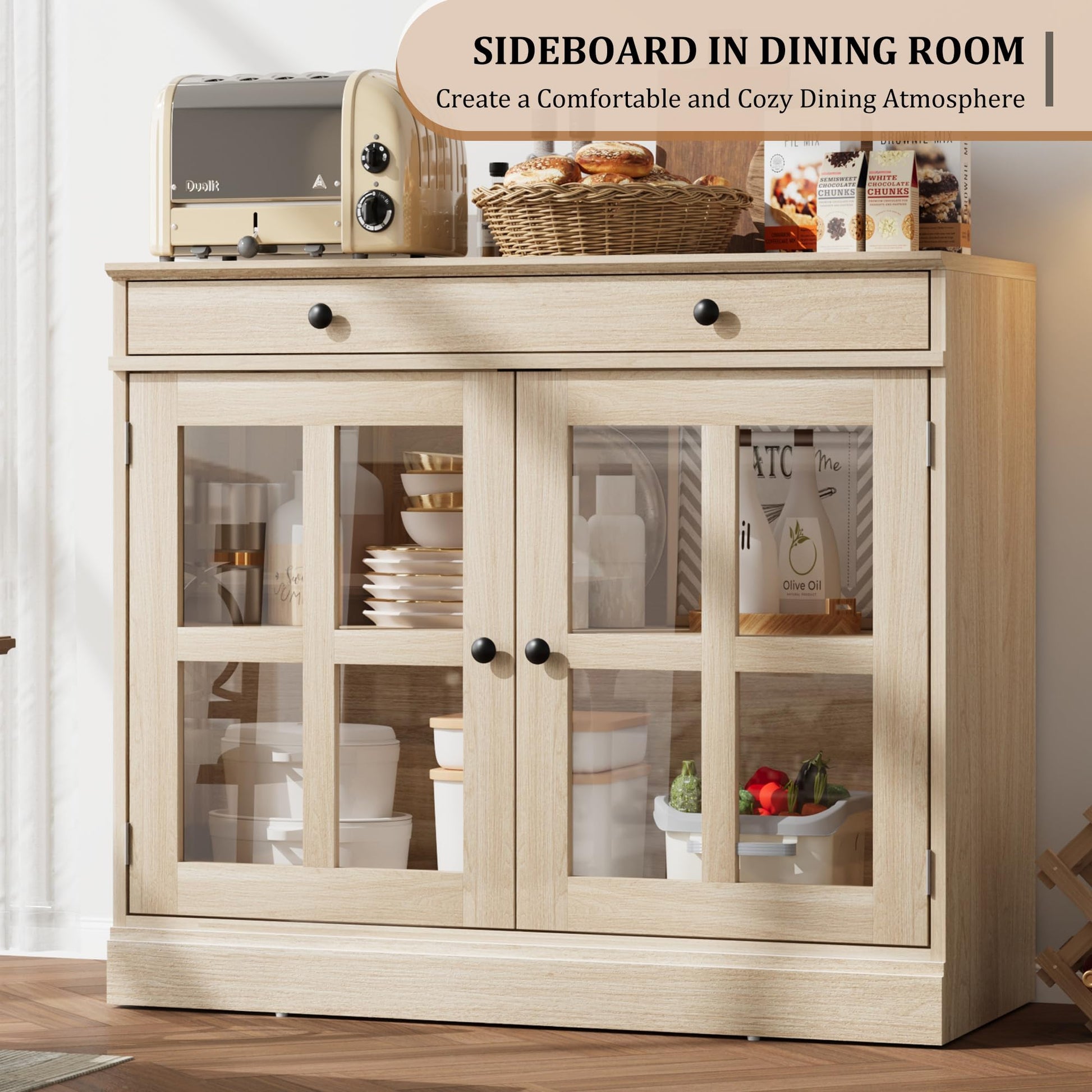Buffet Garvee 90 cm avec porte vitrée, étagères réglables, fermeture amortie, chêne, salle à manger et cuisine, construction robuste, montage facile