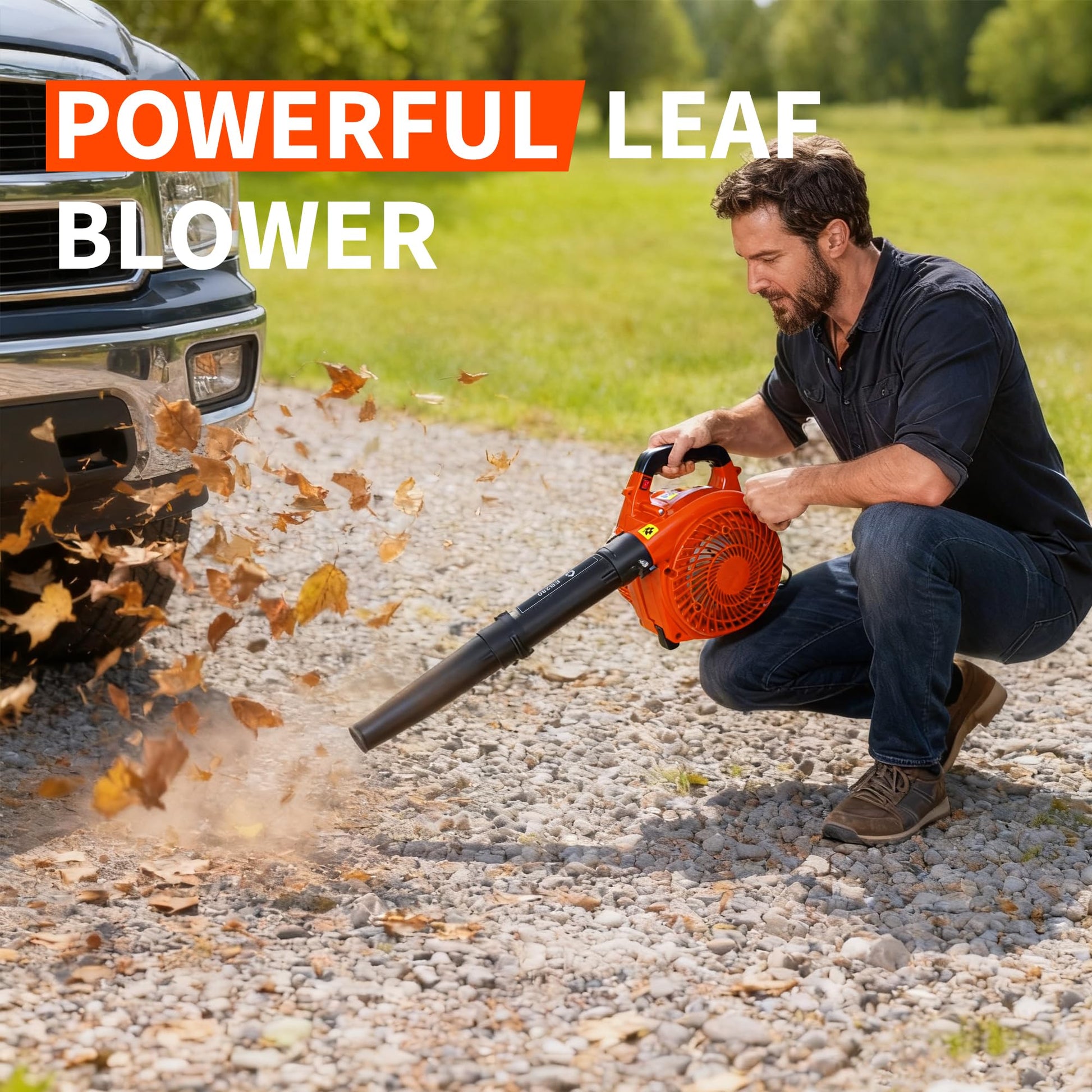 Souffleur de feuilles portatif à essence Garvee 28 cm³, 1,1 CV, 490 CFM, 290 km/h, pour jardin, cour, allée et neige, orange
