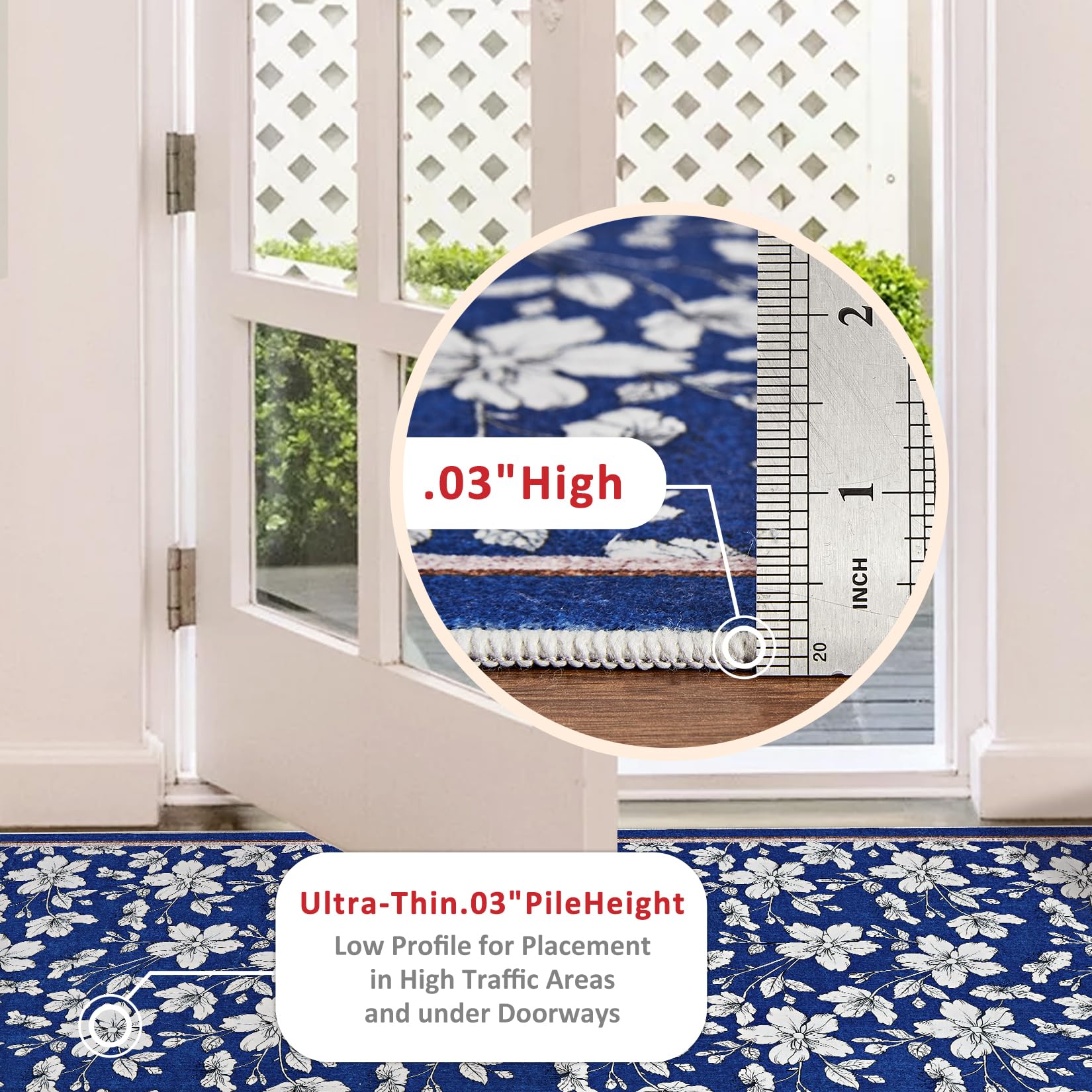 Tapis de salon lavable Garvee, motif floral vintage, poils courts, antidérapant et doux, 120 x 170 cm, bleu